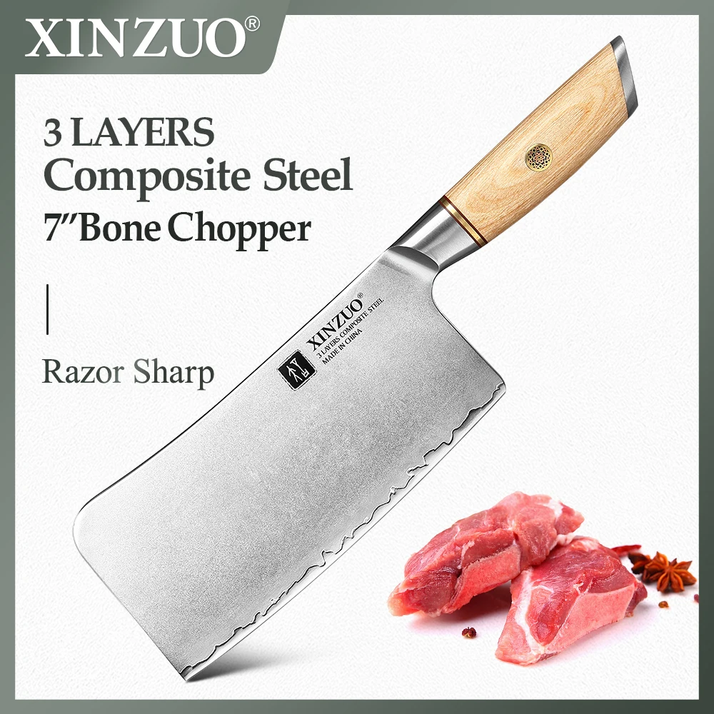 

XINZUO 7" Forged Bone Chopper Knife 3 Layers Stainless Steel Japanese Pakkawood Handle Chopper Cleaver Chef Cooking Tools