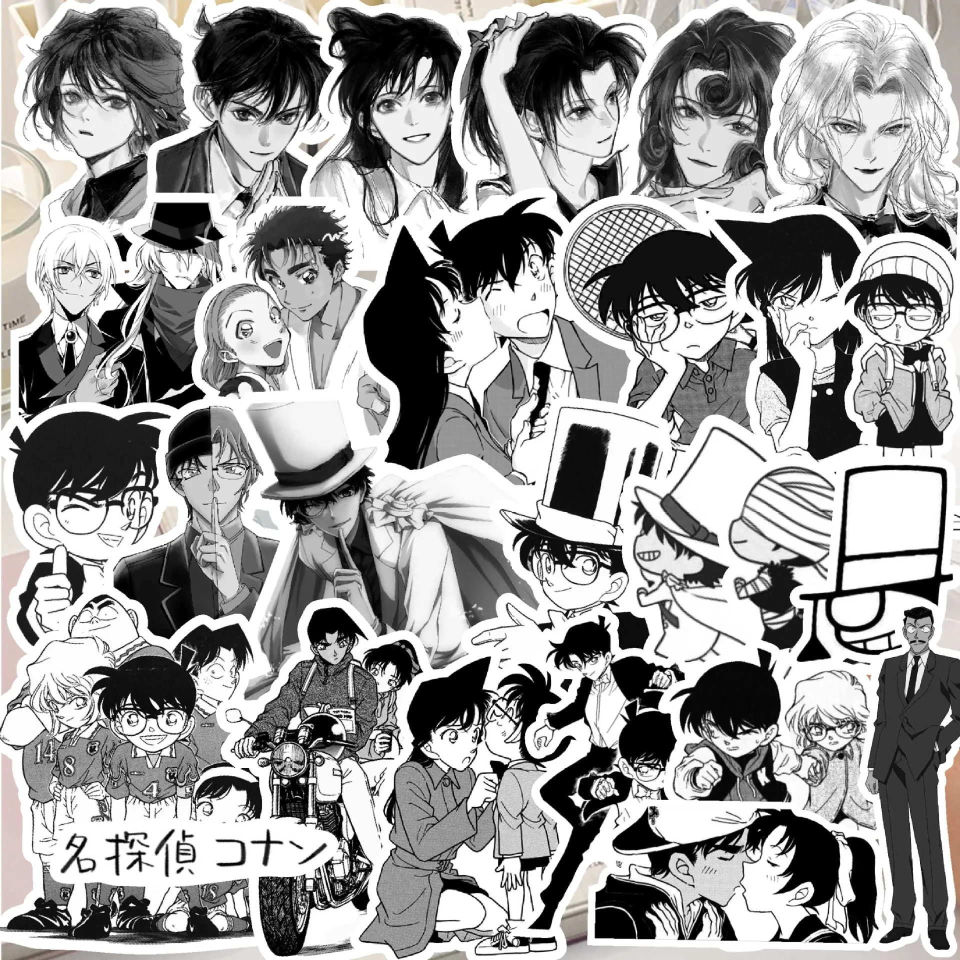 50pcs Black And White Detective Conan Mobile Phone Case Water Bottle Notebook Waterproof Decorative Stickers Supplies