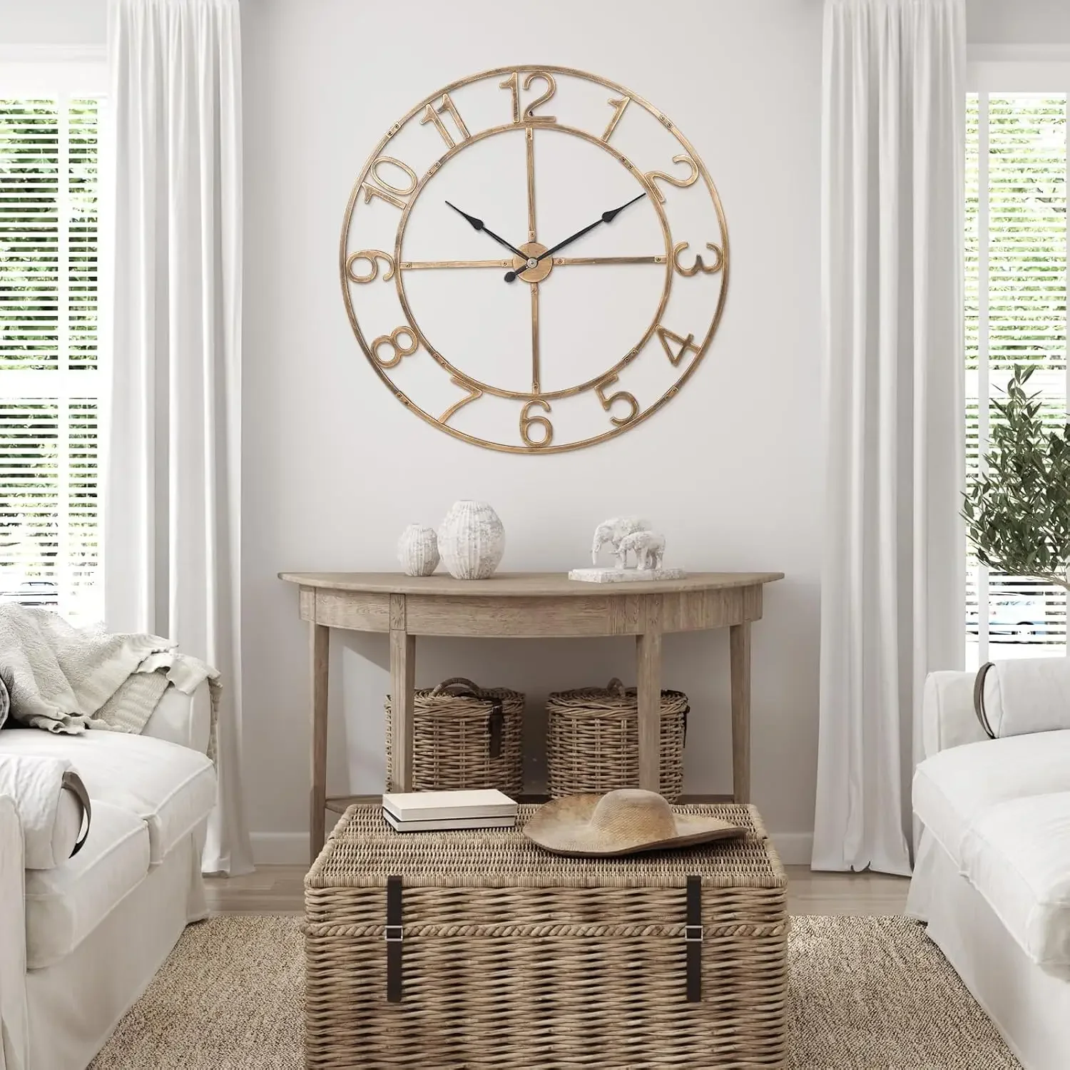 48in Large Silent Wall Clock, Easy Assembly Arabic Numeral Bronze | Non-ticking metal farmhouse wall clock, KD assembly, battery