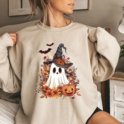 Sudadera de cuello redondo con estampado de Halloween para mujer, jerséis casuales de manga larga para otoño e invierno, sudaderas de talla grande