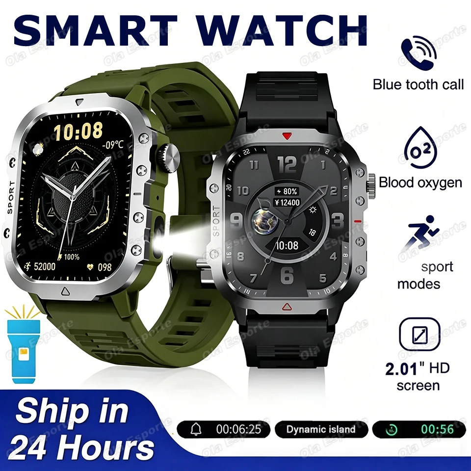 New Flashlight Smart Watch 2026 Military Men IP68 5ATM Outdoor Sports Waterproof Health Monitoring Bluetooth Call Smartwatch