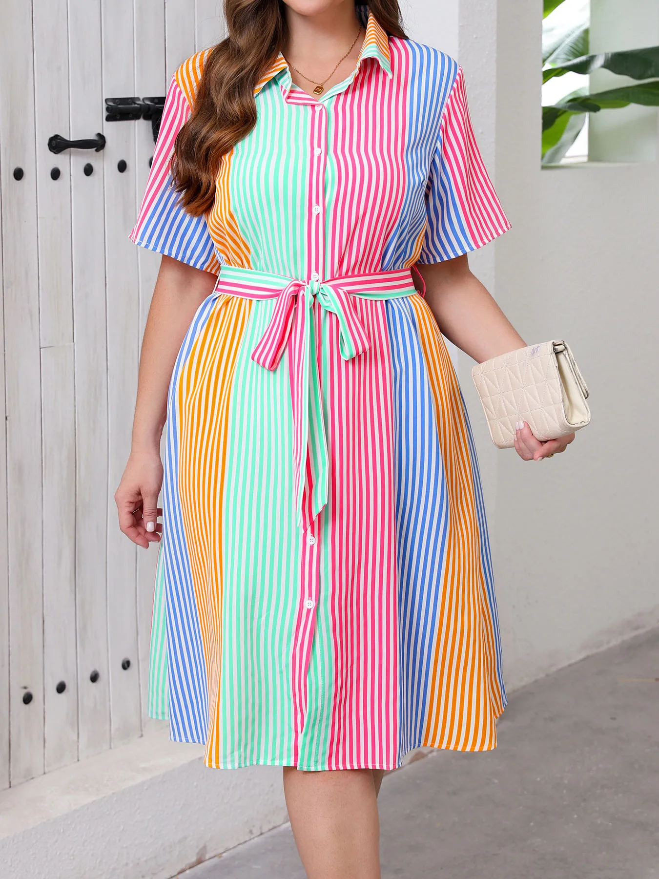 Belted Shirt Dress - Robe chemise midi élégante à rayures
