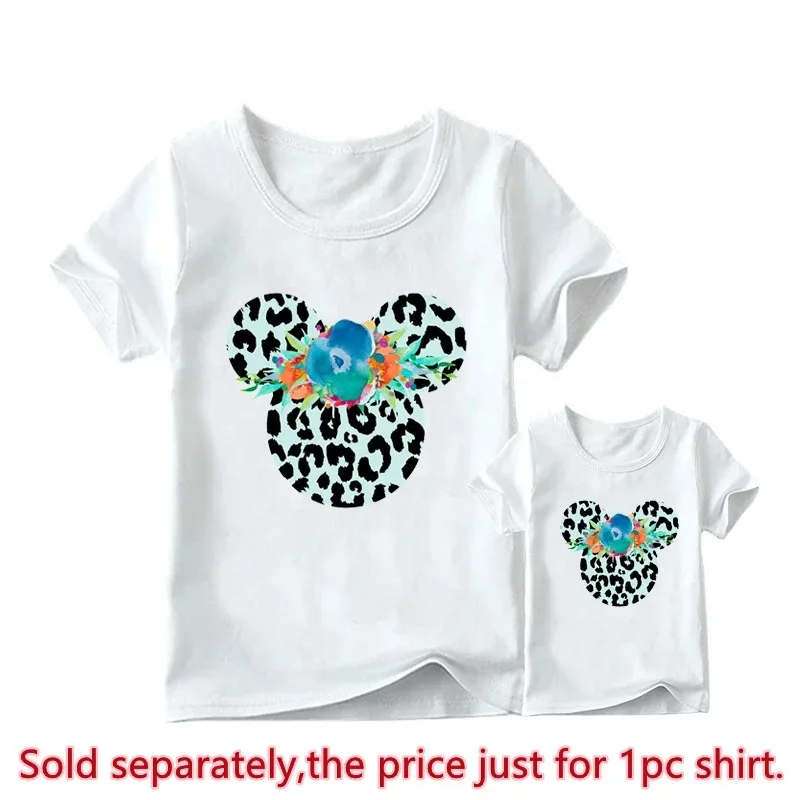 New Leopard Minnie Mouse Print Kawai Mother Kids Family Matching Outfits Disney Tops White Short Sleeve Mom and Daughter Clothes