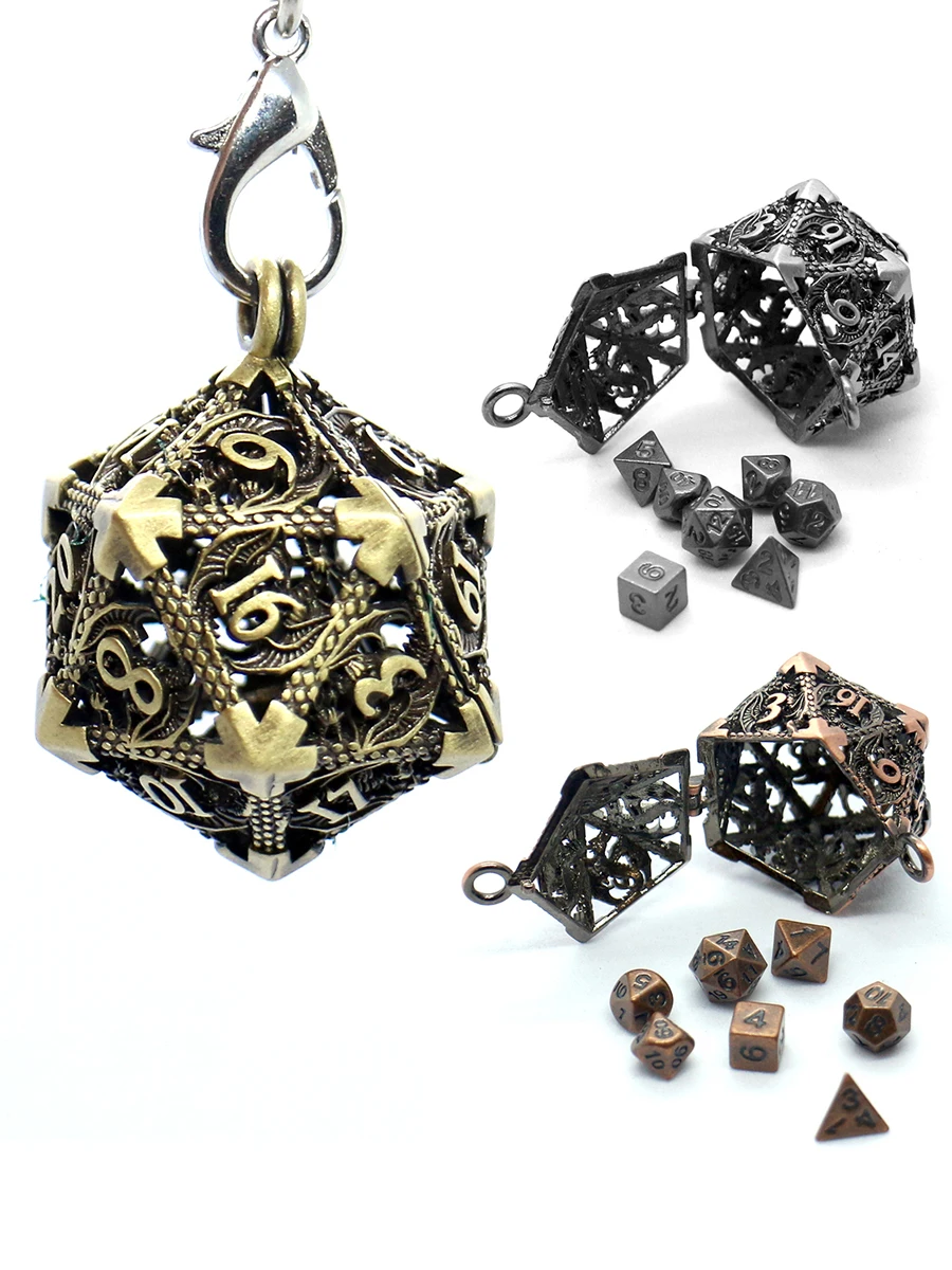 Boîte creuse en métal D20 + jeu de dés en métal 7 pièces, Mini Kit de dés de jeu de société Portable