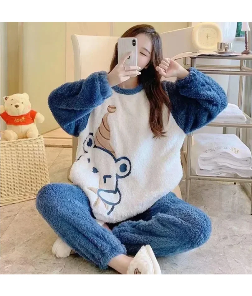 

Thickened Warm Flannel Women's Sleepwear Coral Velvet Pajamas Loungewear Winter Cartoon Bear Padded Girl Nightwear Homewear Sets