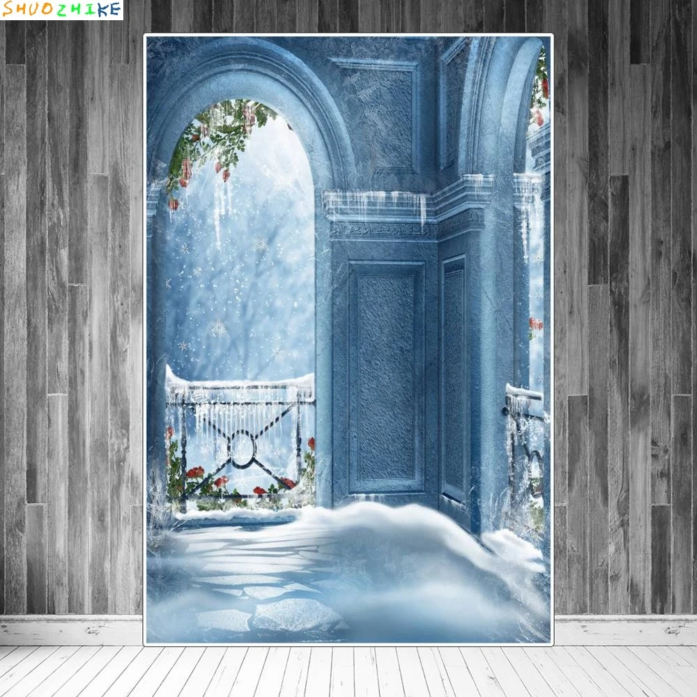 Backdrop Snow Frozen Castle Princess Birthday Background Custom Girls Blue White Fairy Party Decorations Shooting Props
