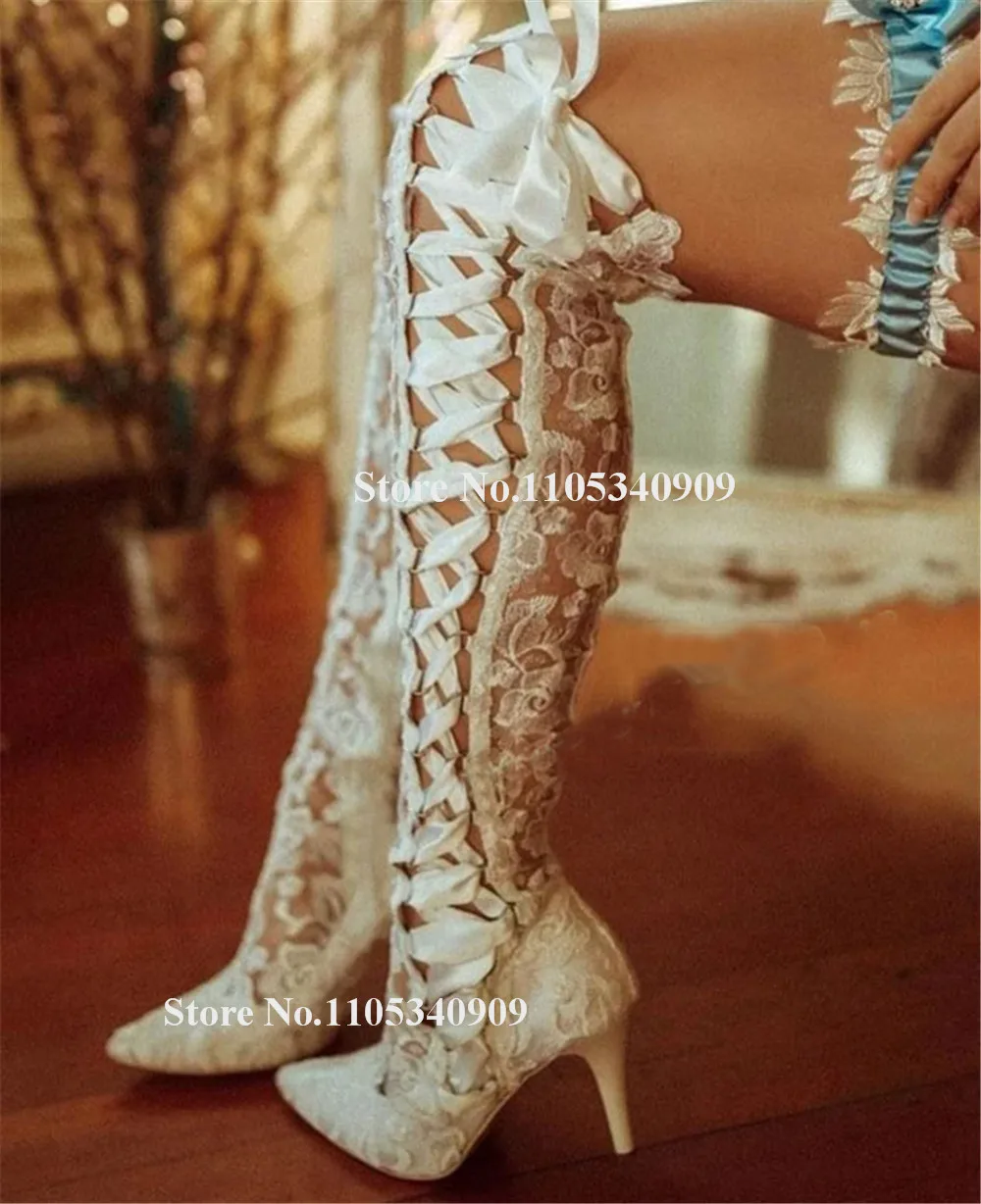 

Bondarenko White Black Red Mesh Stiletto Heel Long Dance Shoes Pointed Toe Lace Straps Cross Thin Heel Long Wedding Boots