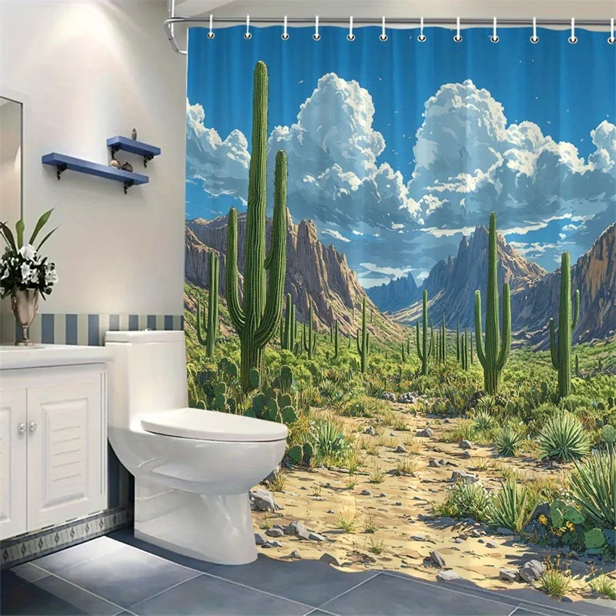

1 шт., занавеска для душа с пустынным пейзажем Saguaro Cacti - юго-западный декор для ванной комнаты с скальным терьем и цифровым искусством голубого неба, прочный