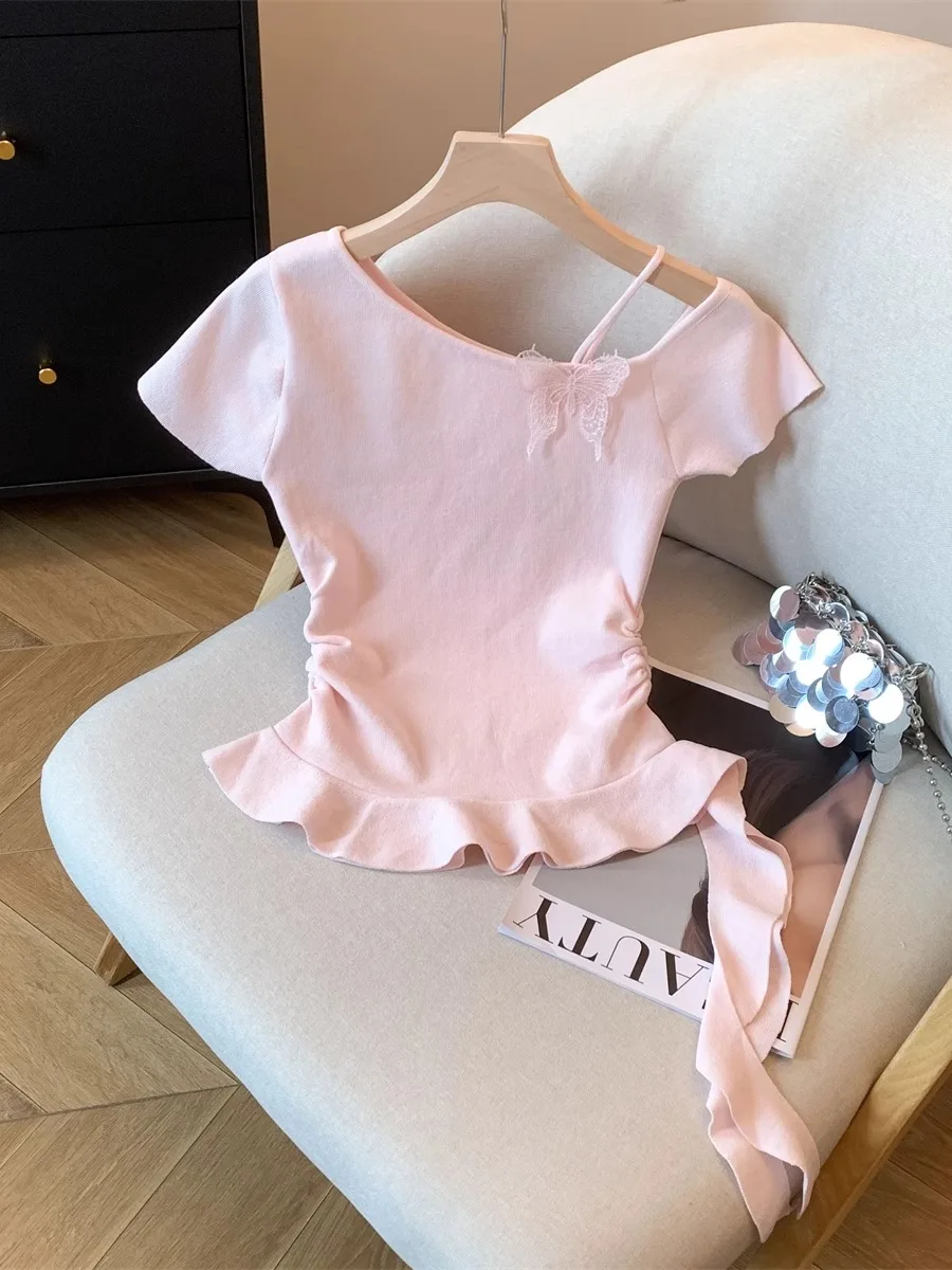 

Sweet Sle oulder Knitted ort Sve Women's Base irt Summer Waist Cinched Uneven Hemline Polyester Fiber