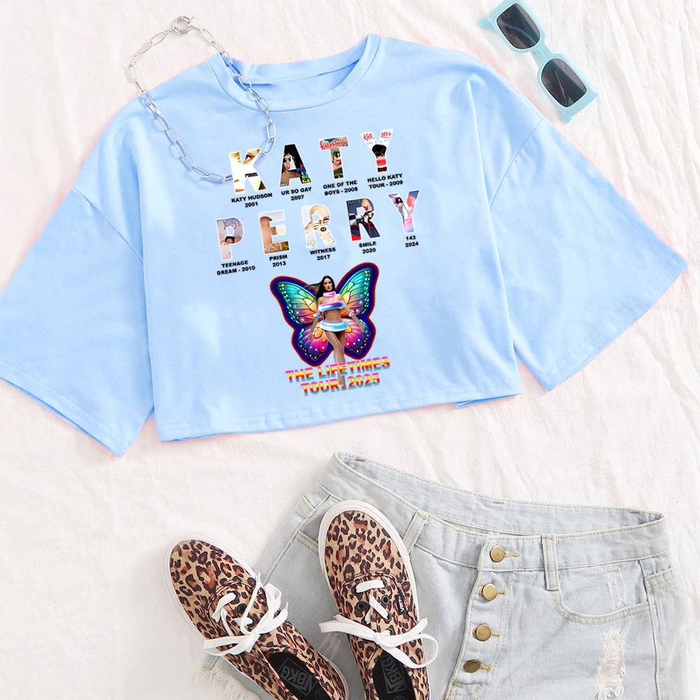 كاتي بيري 2025 جولة الحياة قميص المرأة س الرقبة قصيرة الأكمام المحاصيل القمم تي شيرت المشجعين هدية
