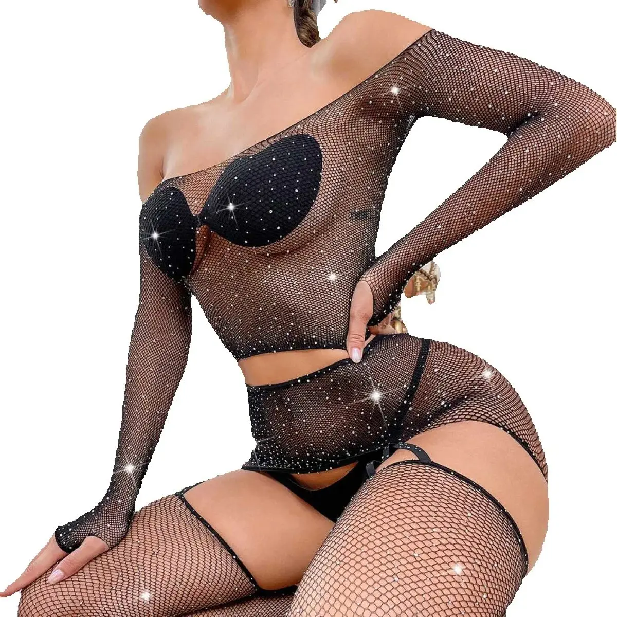 New Sexy 2-piece Set Long Sleeve Net Clothes Hot Diamond Sexy Net Clothes Full Body stocking Lingerie