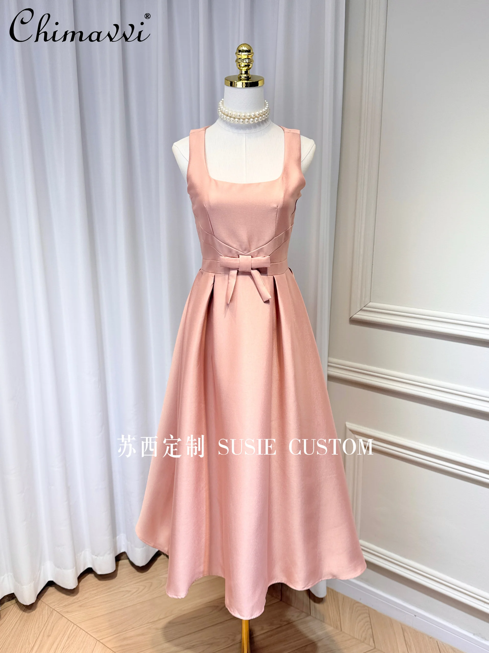 Princesa francesa elegante elegante pescoço quadrado arco cintura alta grande balanço vestido longo verão novo high-end vestido de festa de aniversário feminino