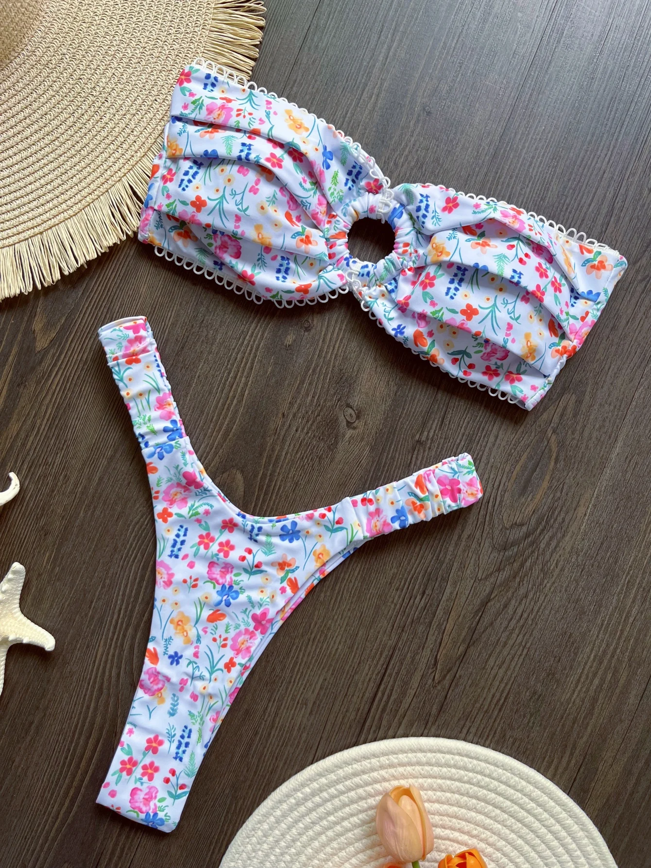 New Floral Bandeau High Leg Cut Thong Bikini Female Swimsuit Women Swimwear Two-pieces Bikini set Bather Bathing Suit Swim