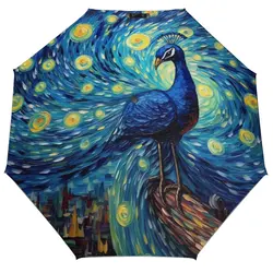 Painting Peacock 3 Fold Auto Umbrella Van Gogh UV Protection Umbrella Black Coat Ligthweight Umbrellas for Men Women