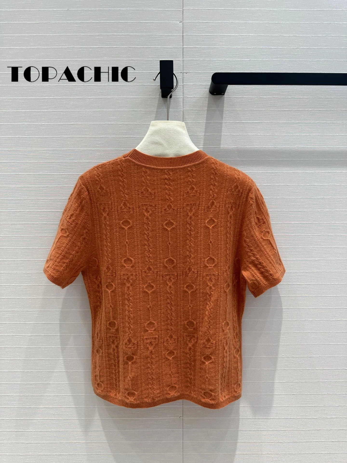 7.24 TOPACHIC-Women High Quality Cashmere Jacquard Short Sleeve Knitwear Top Solid Slim Pullover Sweater 2024 Early Autumn New