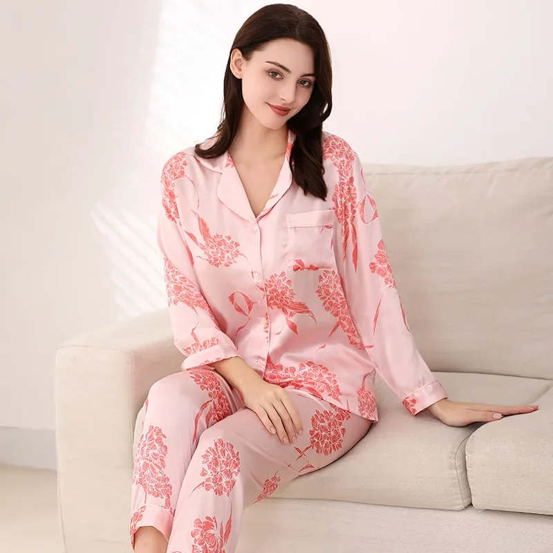 Floral Printed 100% Mulberry Silk Pajamas Women's Spring Long-sleeved Sleepwear Button Down Shirt & Pants Pyjama Loungewear Set