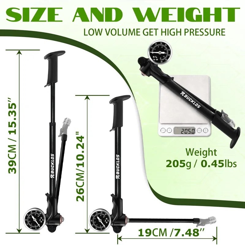 Afbeelding 6: BUCKLOS Fiets Luchtvorkpomp 400psi 300psi Fiets Hogedruk Luchtpomp Schrader Ventiel MTB Barometer Draaibare Slang Inflator