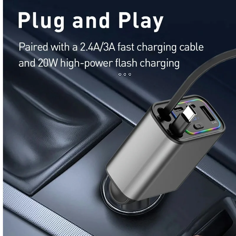 

30W Car Charger Fast Charge Flash Charging Telescopic Cable Four-in-one Point Smoker Car Charging Car USB Charger Adapter