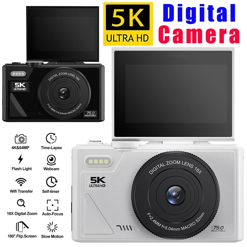 

75MP Digital Cam Photography Camera 3.0" Flip Screen WIFI 18X Digital Zoom 5K Vintage Vlog Video Recorder YouTube Webcam Cameras