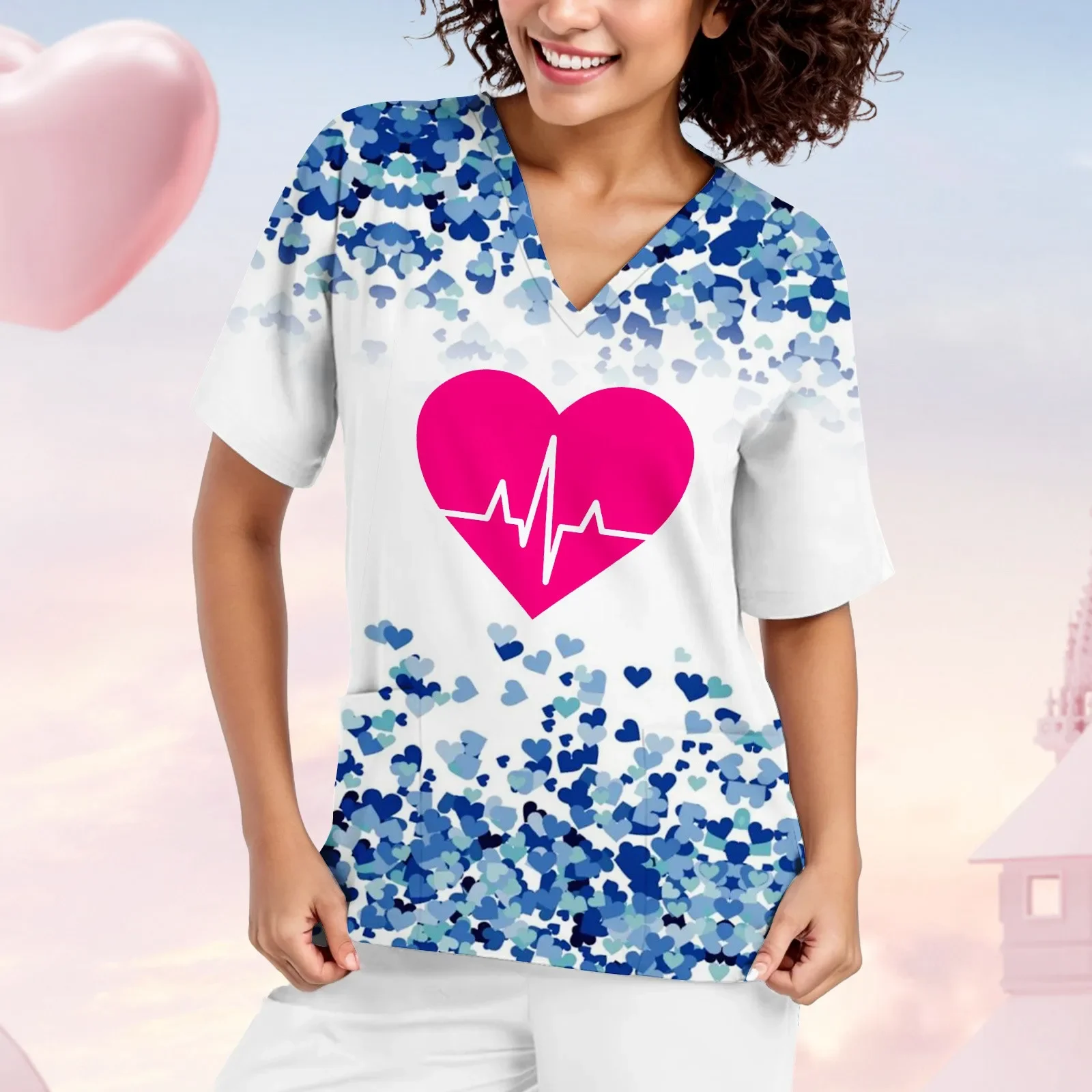 Womens Valentine\'s Day Nurse Uniforms Print Short Sleeve V Neck Workwear Working Nurse Work Wear Overalls Medical Uniforms