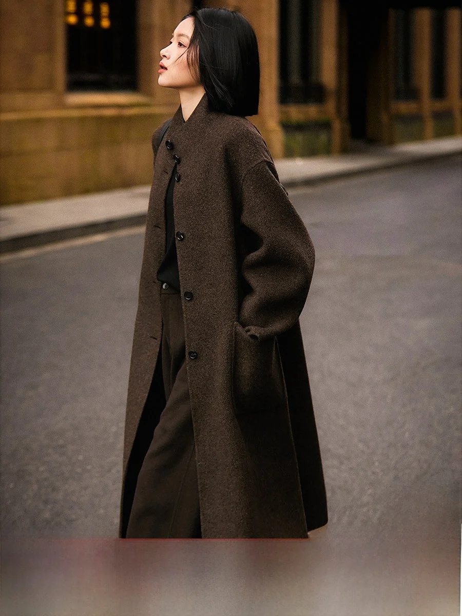 

Женское шерстяное пальто средней длины с воротником-стойкой, двустороннее, однотонное, теплое, с длинными рукавами, зимнее, модное, свободного кроя.