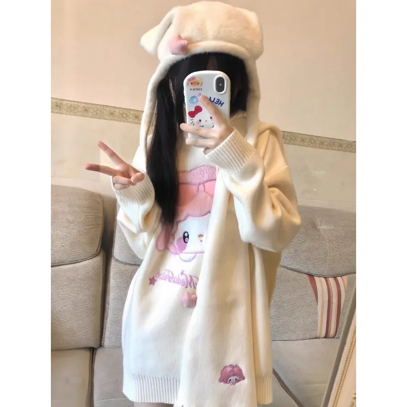 My Melody bedrukte trui set damessjaal Kawaii zoete gebreide trui schattige bovenkleding losse cartoon tweedelige set pluche cadeau