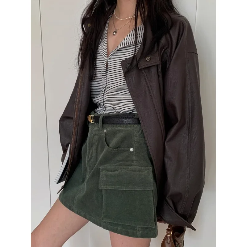 Veste en cuir PU vintage pour femme, pardessus surdimensionné, streetwear décontracté, style américain, vêtements en cuir synthétique