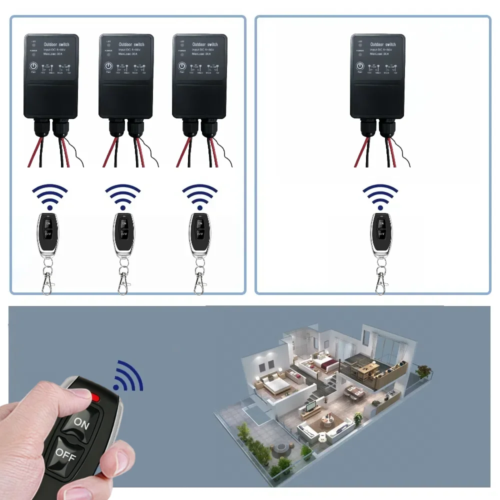 433Mhz DC 12V 24V 36V 72V 80V RF 무선 리모컨 스위치 방수 30A 릴레이 야외 조명 제어용 물 펌프 팬