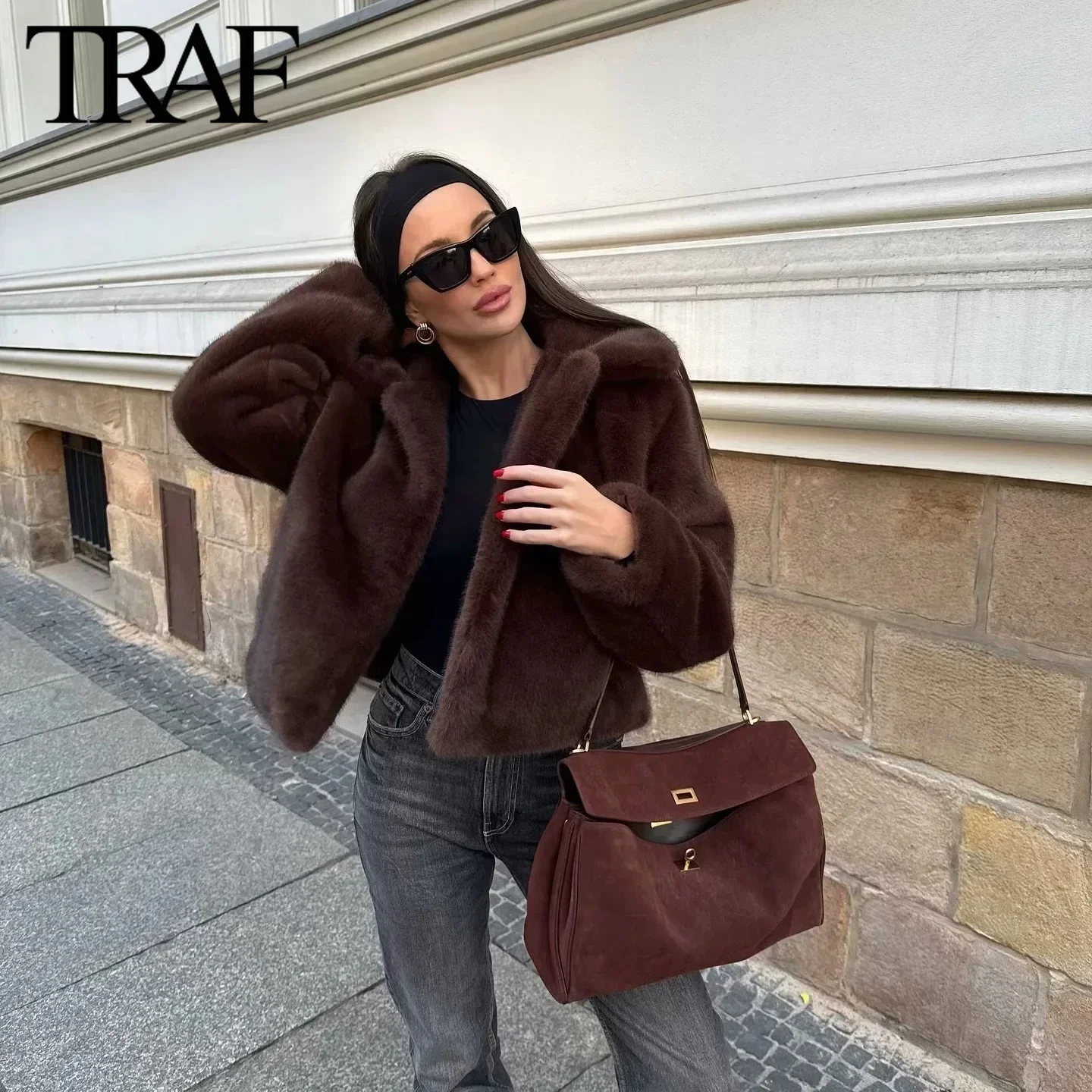 TRAF Faux Fur Jacket for Women Fashion 2024 Winter New Artificial Fur Effect Lapel Long Sleeved Short Coats Chic Ladies Top