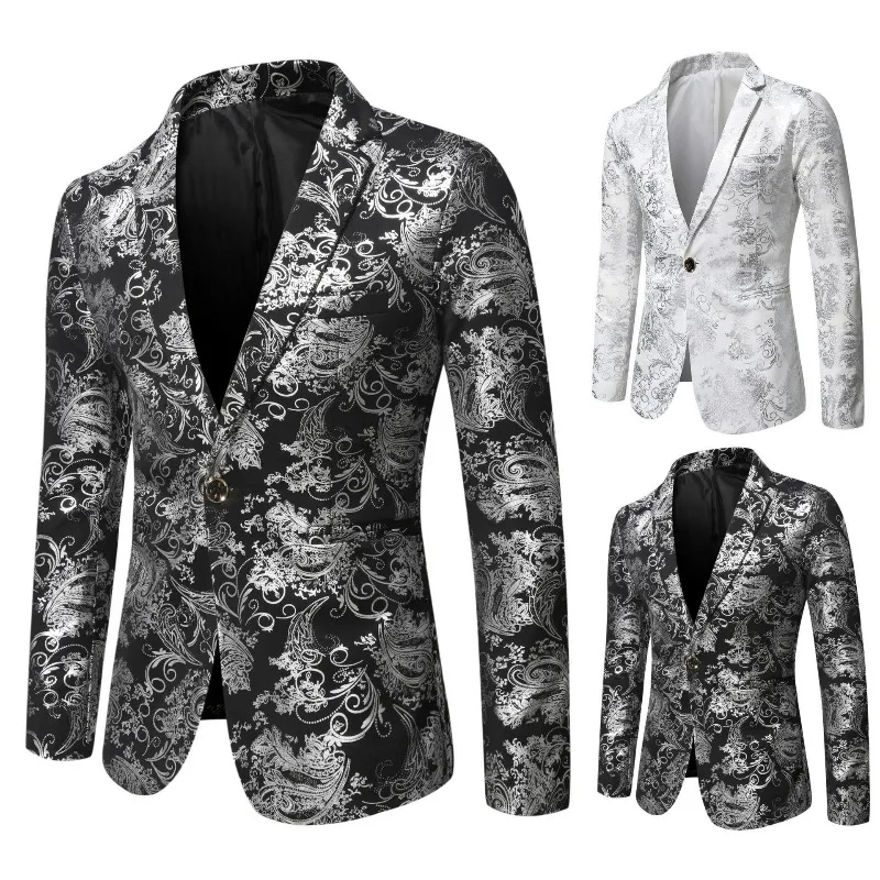 KIDWHXR Suit Coat Man British Style Printed Solid Color Male Blazer Single-breasted Long Sleeve Slim Wedding Stage Men Outerwear