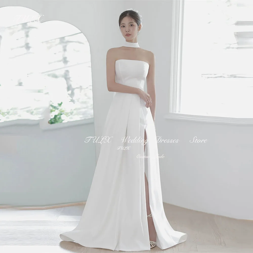 

TULX Simple Strapless Korea Satin Wedding Photo Shoot Dress Long Side Slit Elegant Bridal Gowns Corset Back Custom Made 웨딩드레스