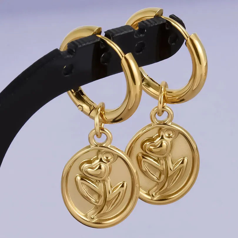 Echt vergoldet Mode Kpop Piercing Schmuck Mädchen Schleife Blume Herz Anhänger Ohrring Edelstahl Creolen für Frauen – Detail 4