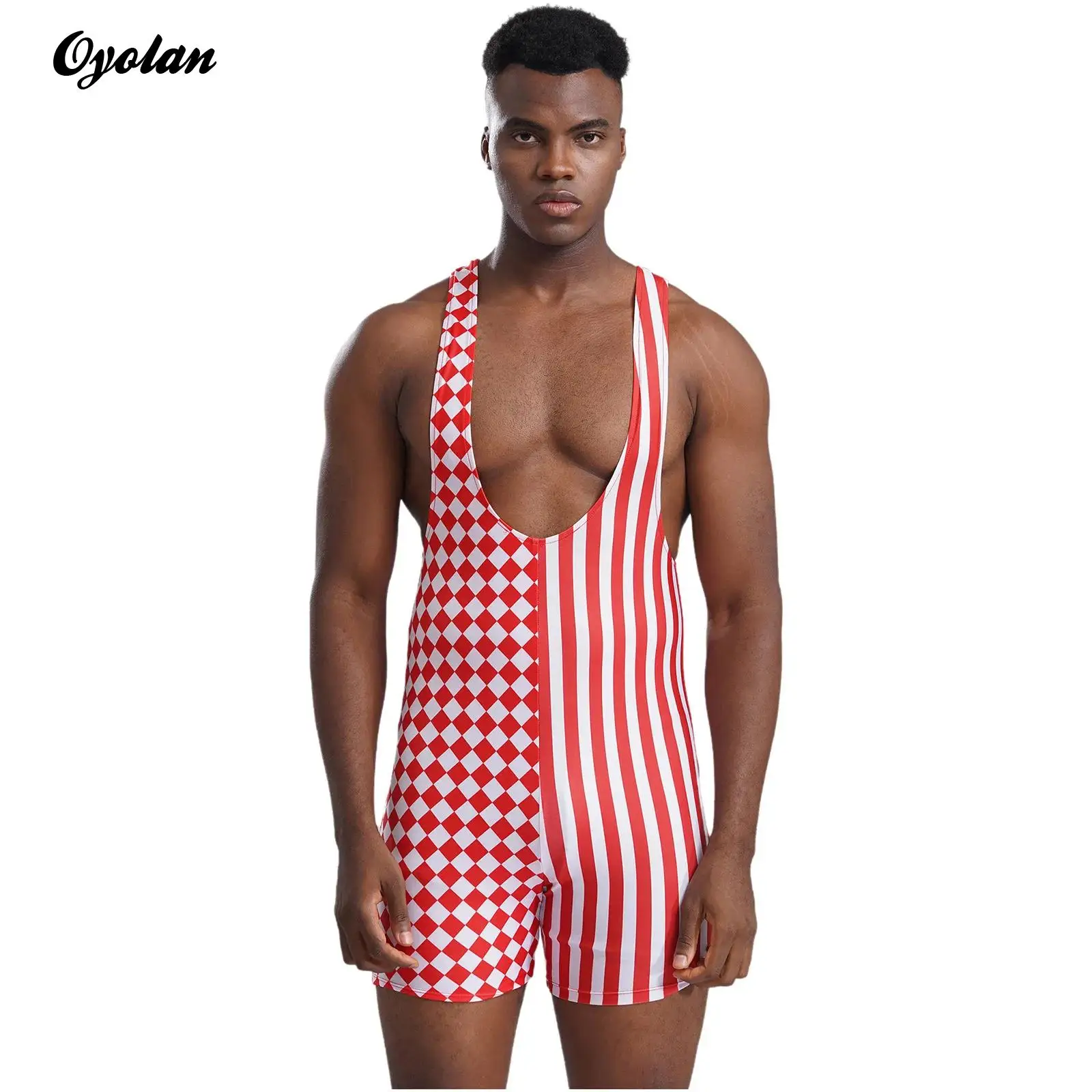 Mens Santa Christmas Cosplay Costume Plaid Striped Wrestling Singlet Bodybuilding Bodysuit Deep U-neck Sleeveless Short Jumpsuit