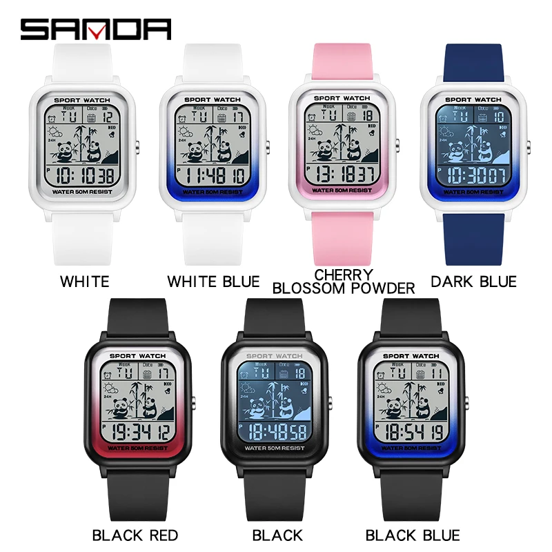 SANDA 2023 New Top Panda Pattern Square Gradient Electronic Watch Sports Casual Outdoor Waterproof Trend Unisex Wristwatch 6120