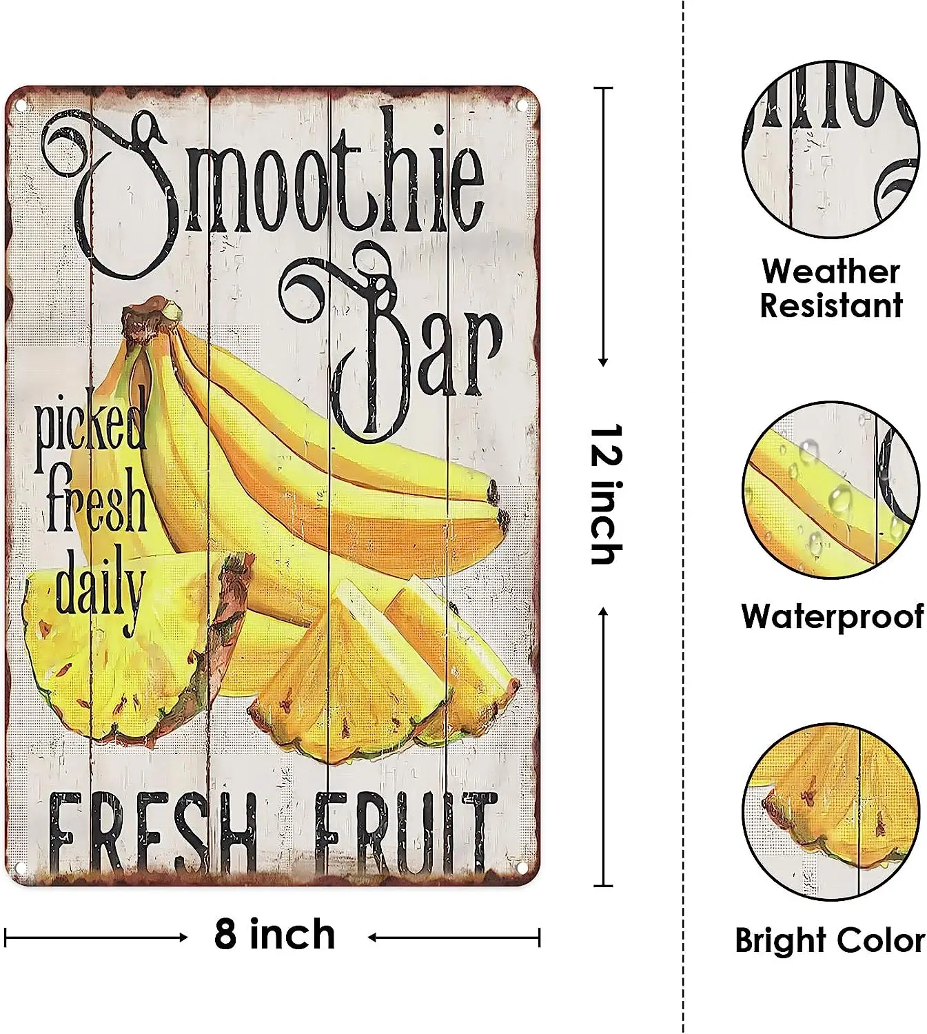 Metal Tin Sign Vintage Smoothie Picked Fresh Daily Fresh Fruit Ceramic Decoration for Shop, Garden Wall Decor 12x8