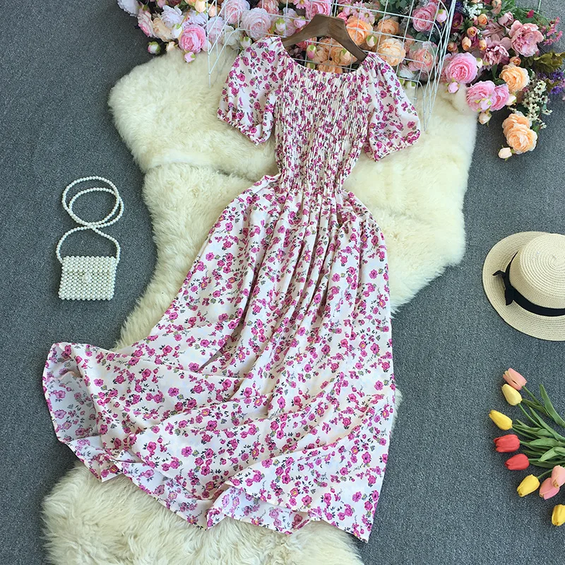 new Women\'s Clothing Dresses Gentle floral summer 2024 new French retro square neckline bubble sleeve straight neck long skirt
