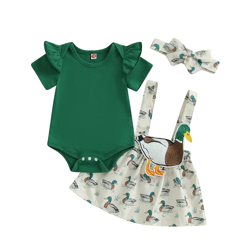 

Baby Girl Summer Outfits Solid Color Crew Neck Short Sleeve Romper Duck Print Suspender Skirt Headband 3Pcs Clothes Set