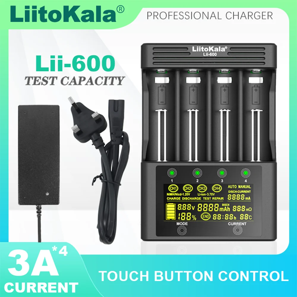 LiitoKala Lii-600 Lii-CH2 Battery Charger For Li-ion 3.7V and NiMH 1.2V Battery Suitable for 18650 26650 21700 26700 18350