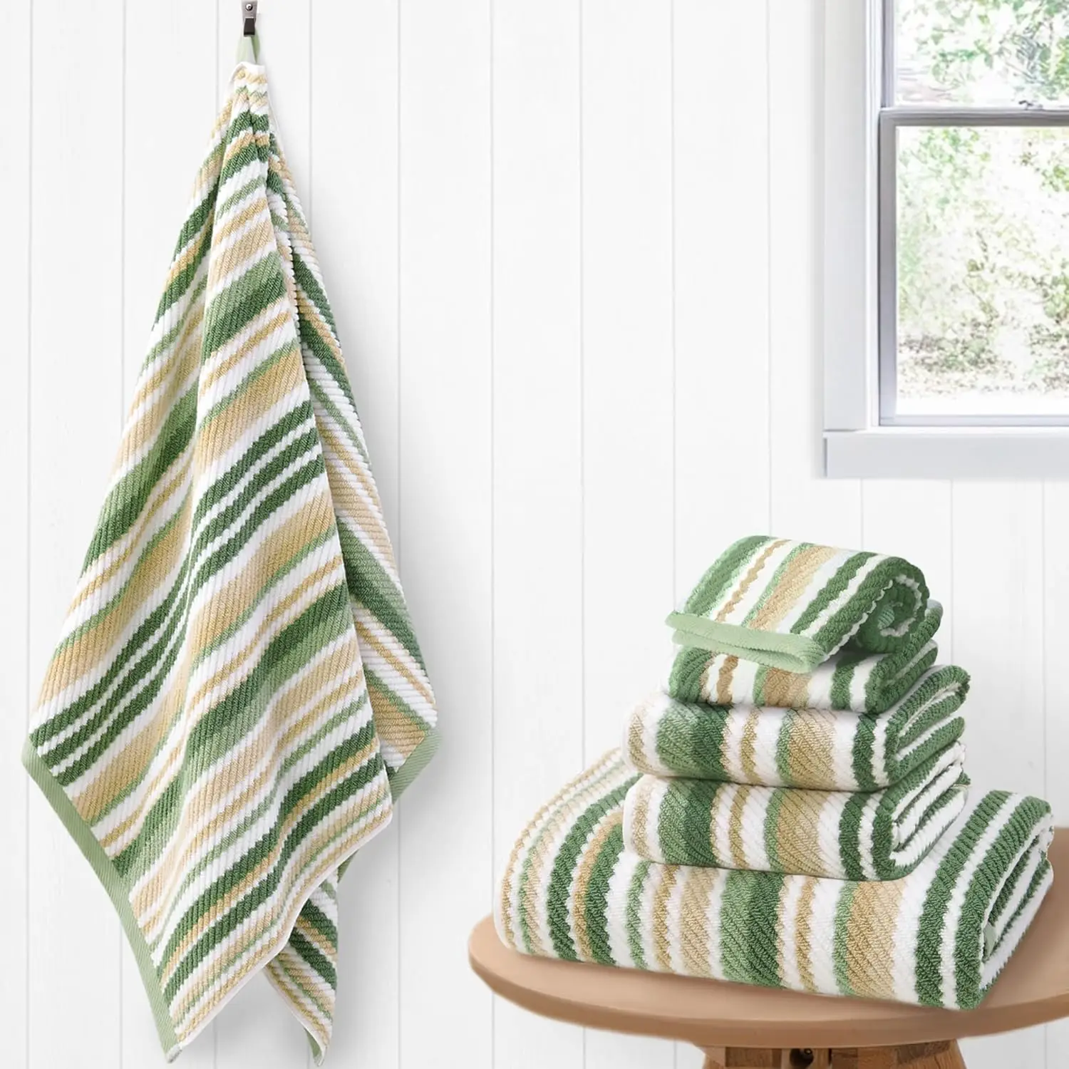 

Набор из 6 хлопковых полотенец - быстросохнущие, мягкие и впитывающие, с полосками цвета шалфейного бежа и петлями для подвешивания