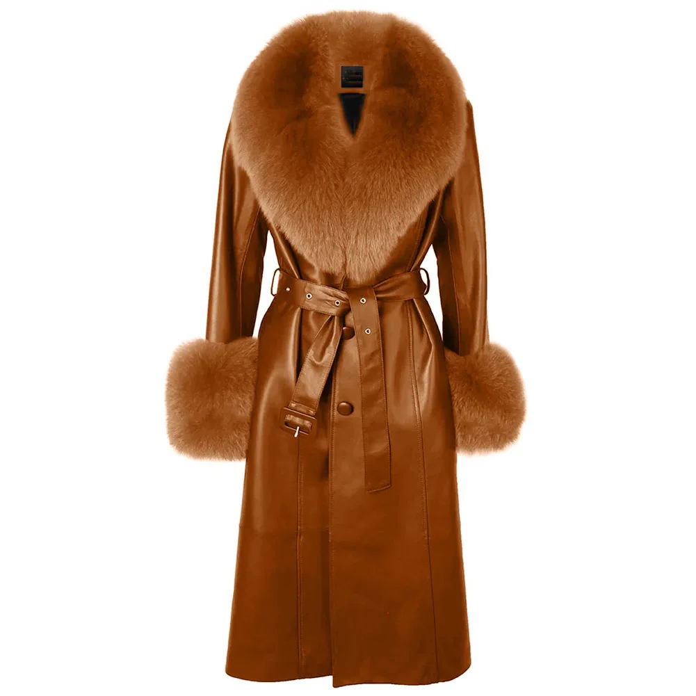 Denny& Dora Women Plus Size Coat Real Fox Fur Collar Genuine Leather Coat Trench Brown Long Coat