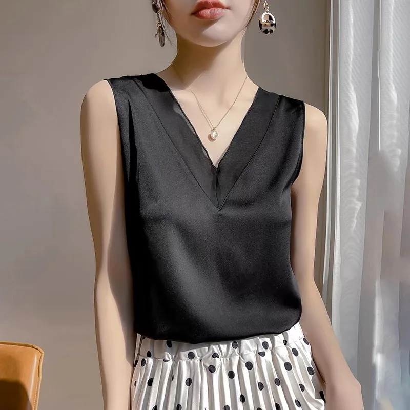Débardeur sans bretelles en Satin pour femmes, chemisiers d'été, sans manches, couleur unie, col en v, décontracté, coréen, élégant, chemises pour femmes, nouvelle collection 2025