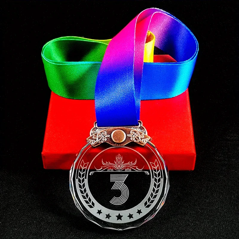 Color Printing or Laser Engraving Clear Crystal Glass Medals 1st 2nd 3rd Award Gift Box Packagin