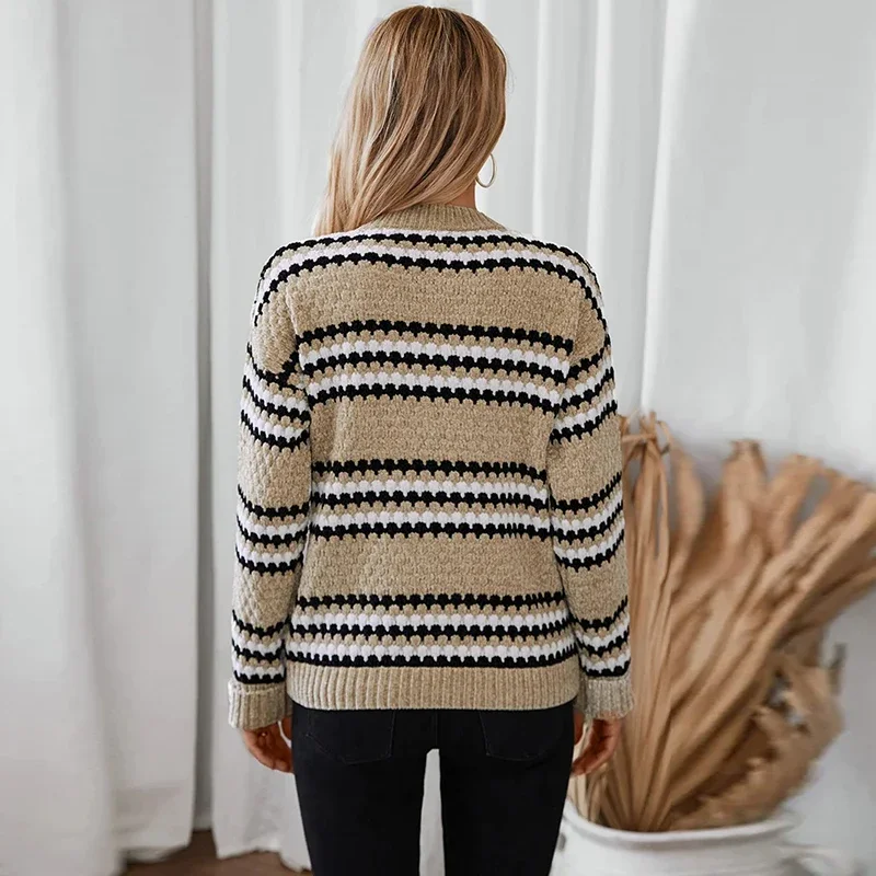 2024 New Autumn Women's Striped Sweater Vintage Winter O Neck Long Sleeve Pullover Lady Contrasting Color Loose Sweaters