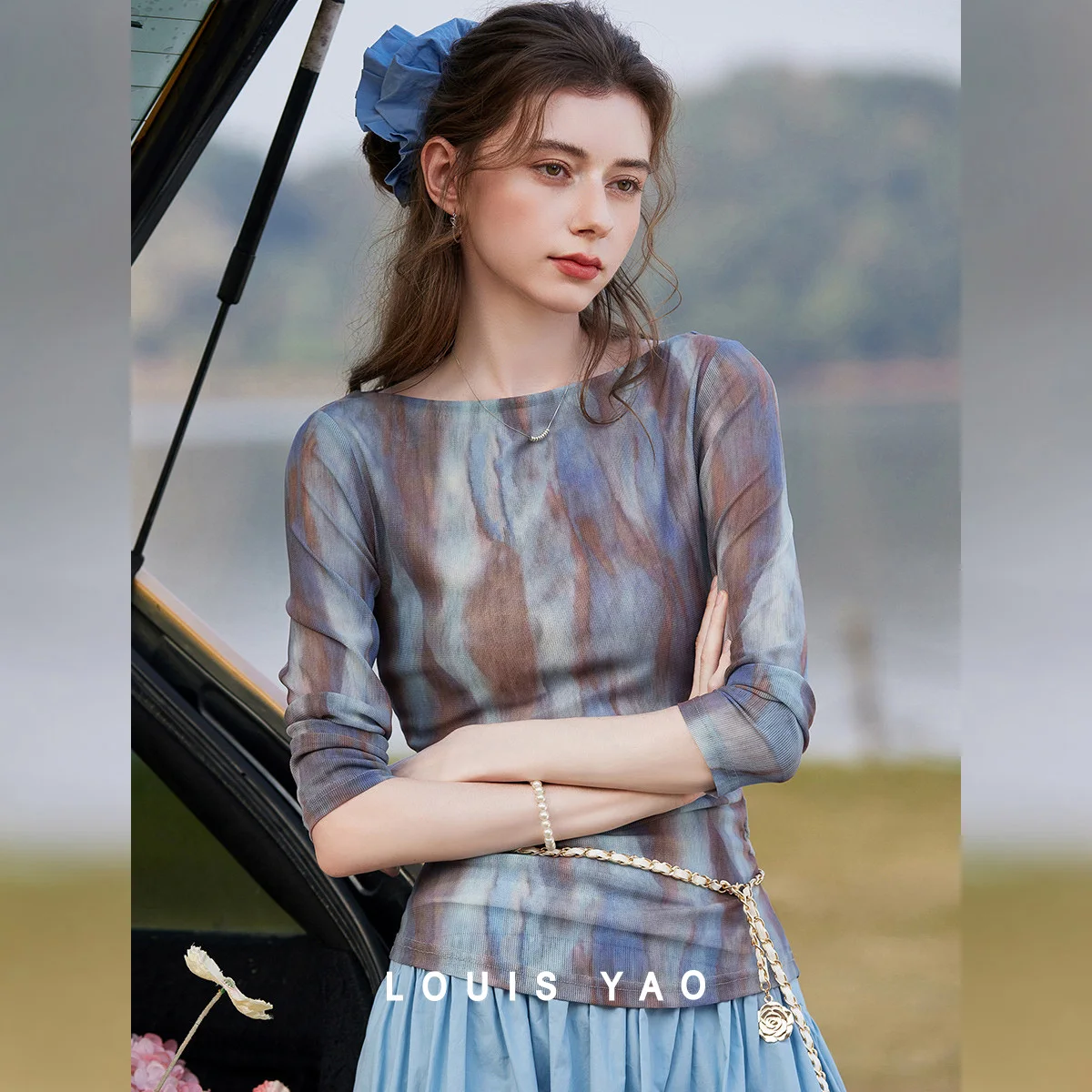 

LOUIS YAO Printed Long Sleeve T-Shirt 2026 Spring Tee Color Block Slightly Stretchy Casual Pleated Slim Fit Women's T-Shirt