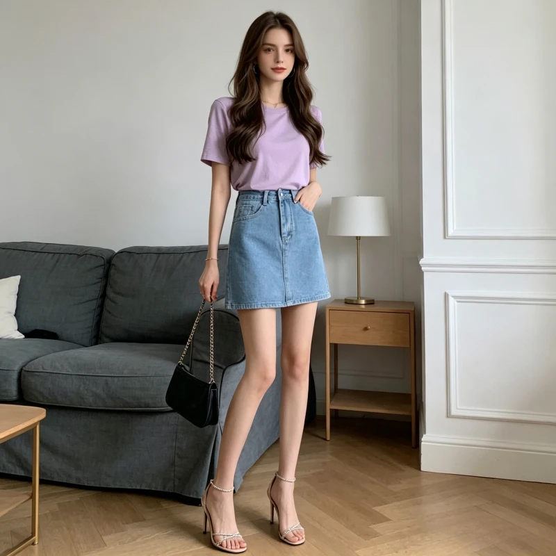 

Women Short Denim Skirts High Waist Skirt A Line Slim Fit Hip Wrap Vintage Washed Elegant Slim Fit Y2k Streetwear Work Beach