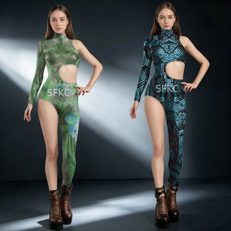 

Women Green Snake Print Cutout One Sleeve Bodysuit Stage Cosplay Jumpsuit Artistic Colors Carnival Party Rave Performance Outfit