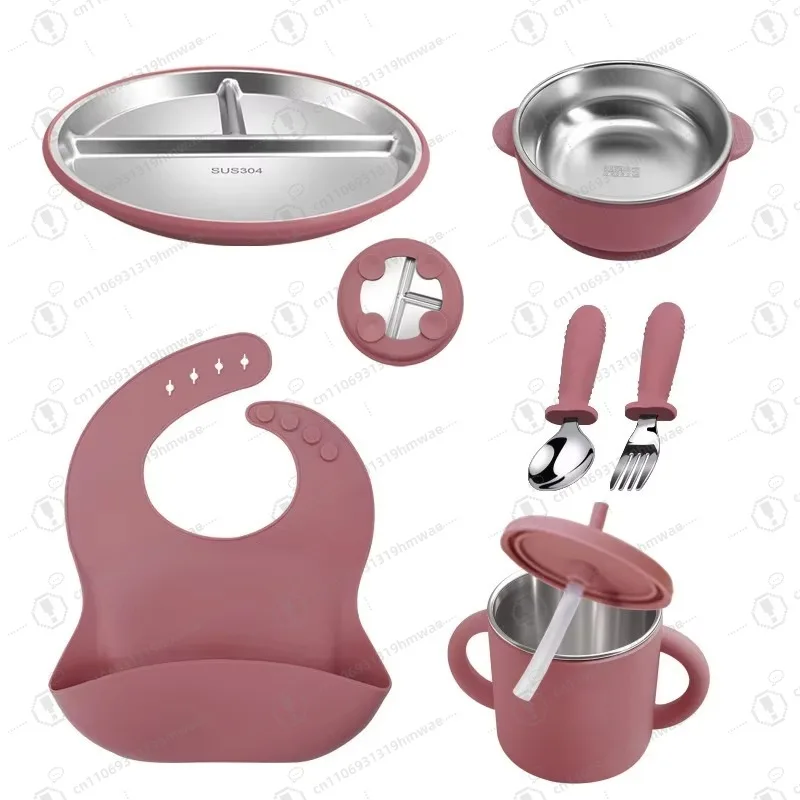 

Food grade silicone children's tableware set, silicone baby bib spoon plate bowl