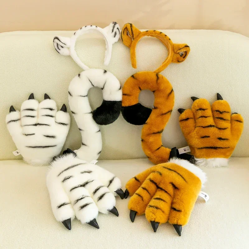 Tiger Tail Claws Giraffe Plush White Tiger Hair Band Gloves Plant Stuffed Doll Holidays Props Decorative Throw Pillow for Kids