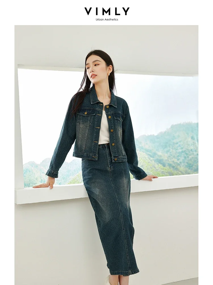 Vimly Spring Outfits Women Denim Jacket and Skirt Sets 2 Piece Matching Sets 2024 Casual Fashion Short Jean Jackets Split Skirts