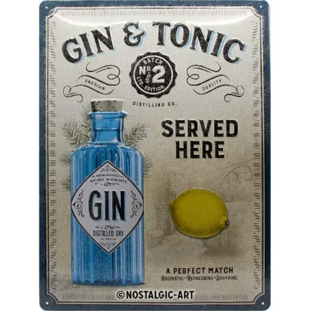 Retro Tin Sign Gin Tonic Served Here Gift Idea for Cocktail Fans Metal Plaque  Vintage Design for Wall Decoration